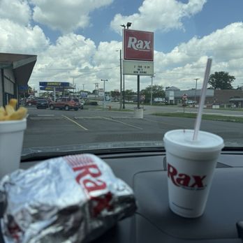 Rax Roast Beef - The medium size roast beef has a generous amount of thinly sliced beef... The milkshake to the right is the famous chocolate chip. - Burgers Near Me - New Carlisle, Ohio