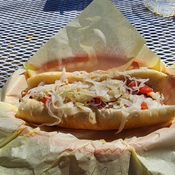 The Hotdogger - Polish dog with yellow mustard, onion, tomatoes and sauerkraut - Hot Dogs Near Me - Davis, California The Hotdogger - Polish dog with yellow mustard, onion, tomatoes and sauerkraut - Hot Dogs Near Me - Davis, California