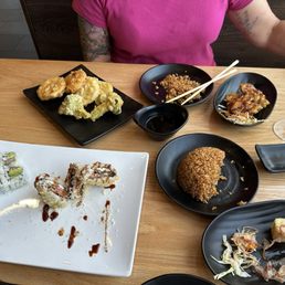 Assorted Sushi, Chicken Katsu, Fried Rice, tempura. Assorted Sushi, Chicken Katsu, Fried Rice, tempura.