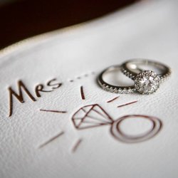 Richard Dolgin Private Jeweler - Wedding rings (band and engagement ring) on her wedding day - halo in white gold with round brilliant center diamond