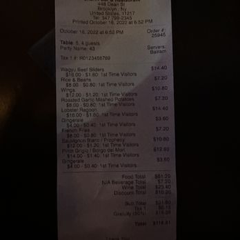 Charm Bar & Restaurant - A dark pic of our receipt with the measly discount for being assaulted with ketchup - Caribbean Near Me - Brooklyn, New York Charm Bar & Restaurant - A dark pic of our receipt with the measly discount for being assaulted with ketchup - Caribbean Near Me - Brooklyn, New York