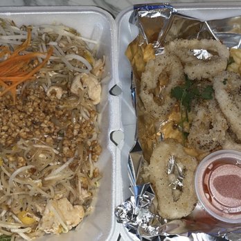 Thai Taste - Right to left: Chicken Pad Thai, Calamari appetizer. The photo looks pretty washed out, it looked better than this in real life! - Thai Near Me - Indianapolis, Indiana Thai Taste - Right to left: Chicken Pad Thai, Calamari appetizer. The photo looks pretty washed out, it looked better than this in real life! - Thai Near Me - Indianapolis, Indiana