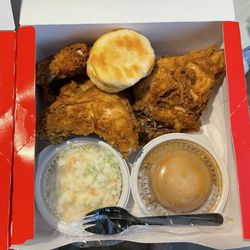 KFC - 3 piece breast and wing meal with mashed potatoes and gravy, coleslaw. Biscuit and medium drink included.
