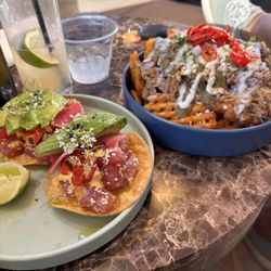 Esperanza on the Rooftop - Ahi tostada. Carnitas fries