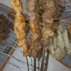 Chicken, beef, and lamb skewers.