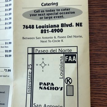 Papa Nachos - Location and back of menu. - Mexican Near Me - Albuquerque, New Mexico