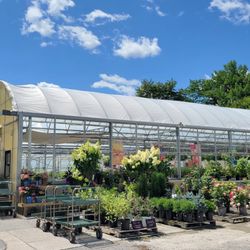 Pudgies Lawn & Garden Center - Exterior shot of the front of the main greenhouse on a sunny day