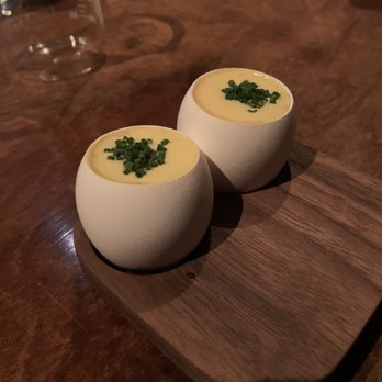 Lazy Bear - Whipped egg whites with maple syrup, bacon oil, and house made hot sauce. (Breakfast flavors in an egg shell) - New American Near Me - San Francisco, California