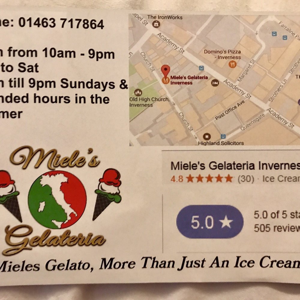 Miele's Gelateria - Back of the flyer (2019) - Ice Cream & Frozen Yogurt Near Me - Inverness, HLD Miele's Gelateria - Back of the flyer (2019) - Ice Cream & Frozen Yogurt Near Me - Inverness, HLD