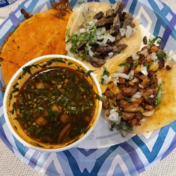 El Tacon 118 - My plate I put together at home  (a Birria taco, asada taco, and pastor taco and consume) - Food Trucks Near Me - Simi Valley, California