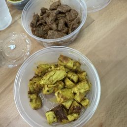 This is the lemon chicken and the Moroccan beef.