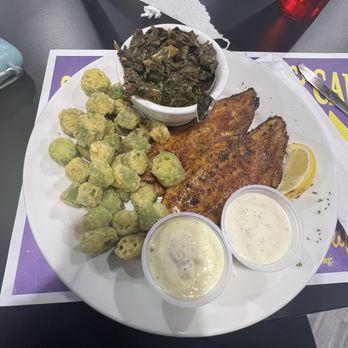 Seafood Seller and Cafe - Blackened catfish, collard greens and fired okra. - Cajun/Creole Near Me - Ocala, Florida Seafood Seller and Cafe - Blackened catfish, collard greens and fired okra. - Cajun/Creole Near Me - Ocala, Florida