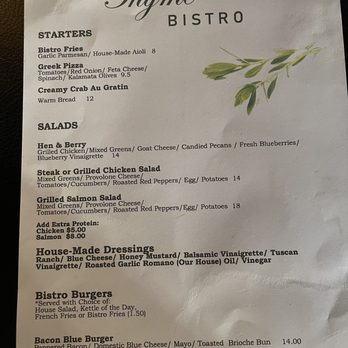Thyme Bistro - a menu for a restaurant - New American Near Me - Weston, West Virginia