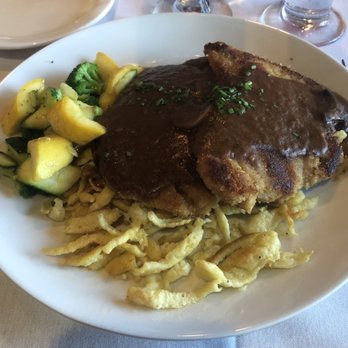 Harbor Haus Restaurant - Jager schnitzel with spatzel and mushroom sauce, fresh veggies - German Near Me - Copper Harbor, Michigan Harbor Haus Restaurant - Jager schnitzel with spatzel and mushroom sauce, fresh veggies - German Near Me - Copper Harbor, Michigan