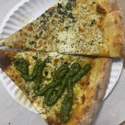 White pizza with pesto and white pizza with hot honey drizzle!! White pizza with pesto and white pizza with hot honey drizzle!!