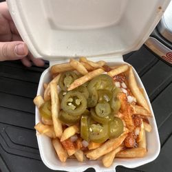 Jaenicke's Root Beer Stand - Atomic fries (sauce, onions, cheese, jalapeños)