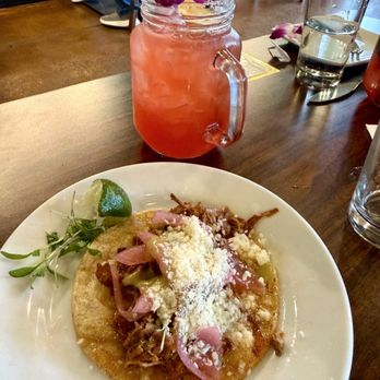 Mezcal Bar And Grill - Carnitas Taco & Mocktail - Drink was super sweet and tasted like a watermelon candy. Taco was tender but fell apart and too wet. - Mexican Near Me - Broomfield, Colorado