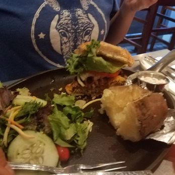 The Spoke on Center - Splitting a burger, baked potato, and salad. - American Near Me - Moab, Utah The Spoke on Center - Splitting a burger, baked potato, and salad. - American Near Me - Moab, Utah
