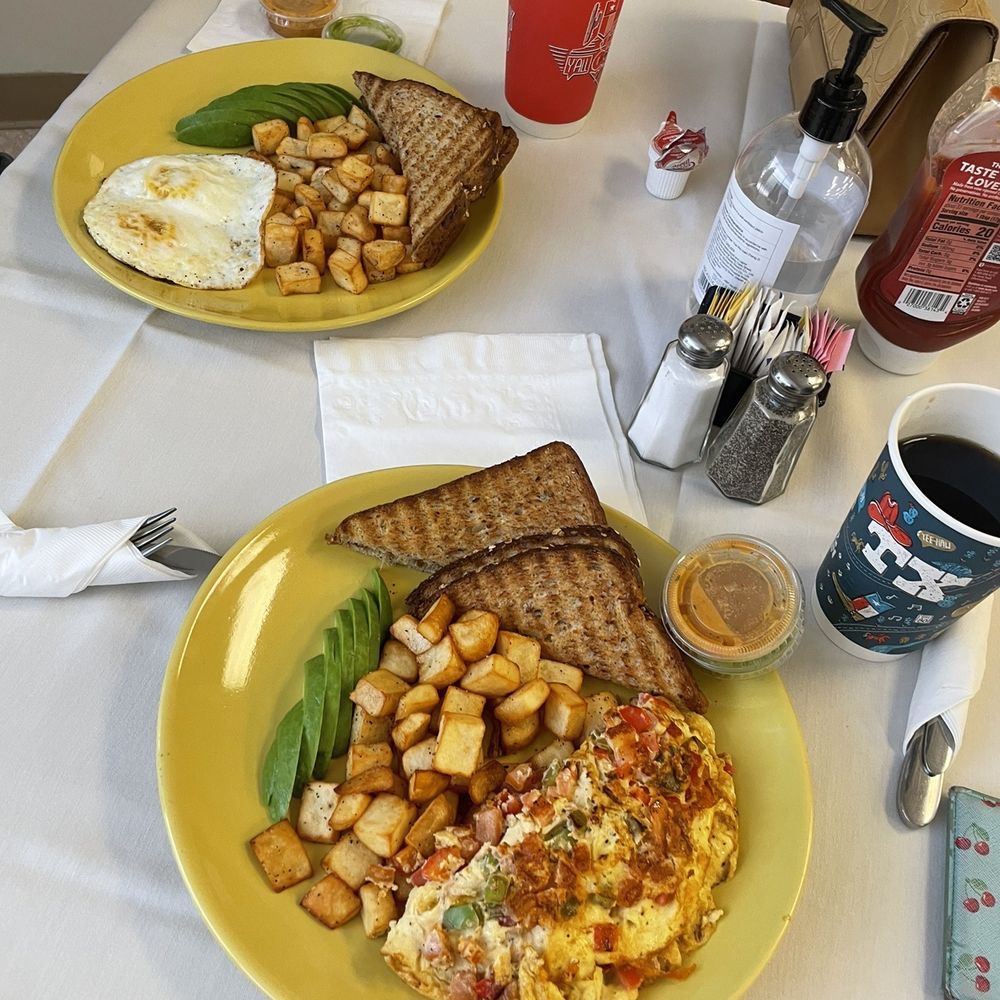Omelet and Maria's Breakfast with home fries plus avocado subbed instead of sausage. SUPER YUMMY SALSA