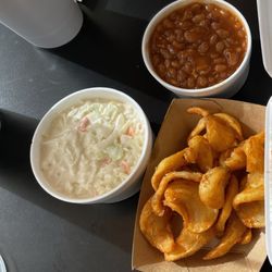 Baked beans, coleslaw, home made fries