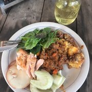 Photo of The Inn of the Patriots - Grover, NC, United States. Cottage pie with salmon and pear salad with a light dressing, fennel and roasted rutabaga.