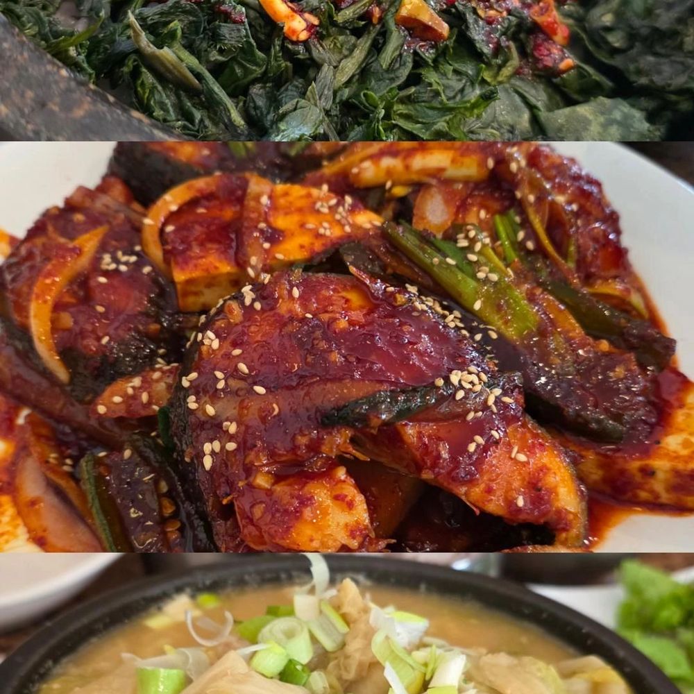 곤드레 돌솥 비빔밥 (hot stone pot with seasoned thistle), 은대구 조림 (spicy braised white cod), 우거지 갈비탕 (beef short rib soup with napa cabbage) 곤드레 돌솥 비빔밥 (hot stone pot with seasoned thistle), 은대구 조림 (spicy braised white cod), 우거지 갈비탕 (beef short rib soup with napa cabbage)