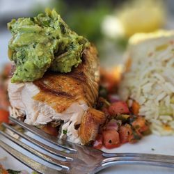 The Pour House - Grilled Salmon with guacamole & Rice Pilaf