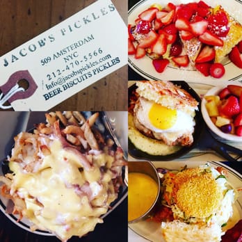 Jacob's Pickles - From left to right down and up: Poutine, Southern BLT, Ham & Egg Skillet with fruits, Biscuit French Toast with Strawberries. amazing - Comfort Food Near Me - New York, New York