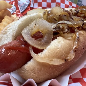 Lucky's Dog House - Dog with grilled onions - Hot Dogs Near Me - Thousand Oaks, California Lucky's Dog House - Dog with grilled onions - Hot Dogs Near Me - Thousand Oaks, California
