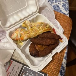 Soumie Restaurant - 3 pieces of plantain and 3 pieces of Accra with 2 pieces of fried potato and fish in sauce.