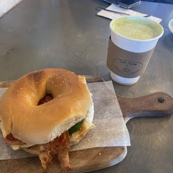 Café Rome - Breakfast Bagel and Matcha Latte - Creperies Near Me - Turlock, California