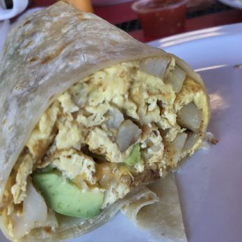 Time Out Cafe - Breakfast Burrito: Eggs, Cheese, Potatoe & Avocado - Cafes Near Me - Vista, California