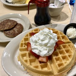 The Toasted Yolk Cafe - Belgian Waffle and Turkey Sausage