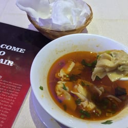 Mayfair Chinese Restaurant - Hot chili oil with Wontons and shrimp chips.
