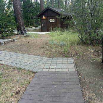 Fallen Leaf Campground - Site #200 (Yurt) - view from the walkway of the Yurt with the bathroom right there straight ahead (very convenient!) - Campgrounds Near Me - South Lake Tahoe, California