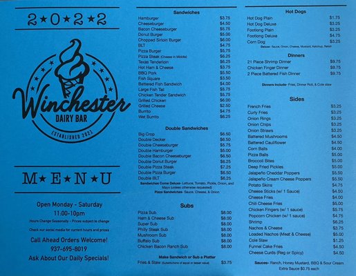 Menu photo 2 Winchester Dairy Bar Winchester, OH Menu photo 2 Winchester Dairy Bar Winchester, OH