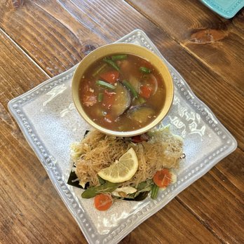 Roline's Uniquely Filipino - sour tomato soup and bland noodles with uncooked vegetables - Filipino Near Me - Vacaville, California