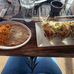 Baja fish tacos with rice and beans