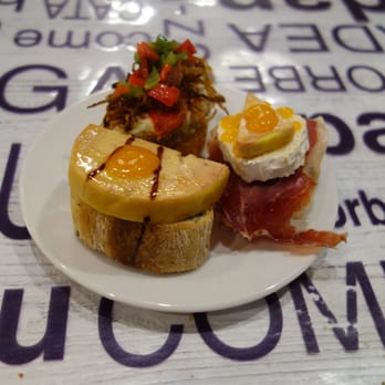 Bergara - Foie Torchon with Jam / Baccala with crispy Onions and Peppers / Queso, Iberico, Foie, Jam - Basque Near Me - Donostia-San Sebastián, SS Bergara - Foie Torchon with Jam / Baccala with crispy Onions and Peppers / Queso, Iberico, Foie, Jam - Basque Near Me - Donostia-San Sebastián, SS