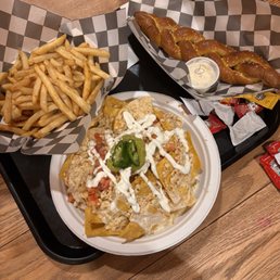 Nachos, Pretzel with Queso, and French fries