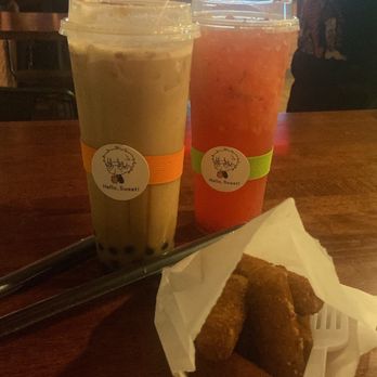 Hello Sweet - Okinawa milk tea, Strawberry lemonade refresher drink, & mozzarella sticks- which were amazing! - Bubble Tea Near Me - Concord, California Hello Sweet - Okinawa milk tea, Strawberry lemonade refresher drink, & mozzarella sticks- which were amazing! - Bubble Tea Near Me - Concord, California