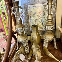 Chinoiserie-brass candle sticks and brass vase - brass animals!