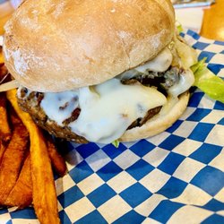 The Station Cafe - Garden burger with mushrooms and Swiss cheese and oooh laaa laaa laaaa sweet potato fries!