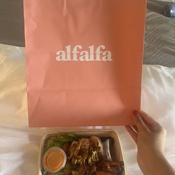 Alfalfa - Spicy Calabrian Chicken Plate w/ broccolini, cilantro rice, sweet potatoes and spicy Caesar salad. Literally incredible - Donuts Near Me - Santa Monica, California