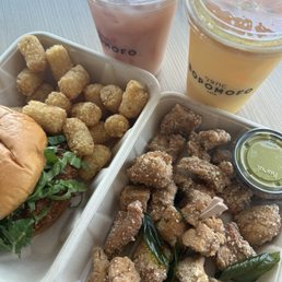 Popcorn chicken, Shrimp burger, Lychee berry bliss, Orange wang Popcorn chicken, Shrimp burger, Lychee berry bliss, Orange wang