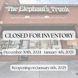 Exterior outside entrance of The Elephant's Trunk - The Elephant's Trunk will be closed all next week for inventory! We will reopen on January 6th, 2025.
#elephantstrunktoys - Greenville, South Carolina Exterior outside entrance of The Elephant's Trunk - The Elephant's Trunk will be closed all next week for inventory! We will reopen on January 6th, 2025.
#elephantstrunktoys - Greenville, South Carolina
