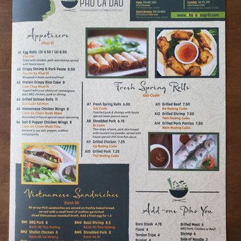 Phở Ca Dao - Menu (front) - Vietnamese Near Me - Poway, California