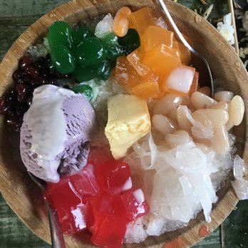 Bonifacio - Halo halo: Shaved ice with assortment of jellies, Azuki beans, Ube ice cream, and leche flan. - Filipino Near Me - Columbus, Ohio