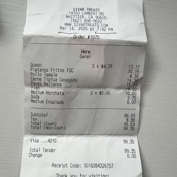 Sivar Treats - Receipt of purchase - Salvadoran Near Me - Whittier, California Sivar Treats - Receipt of purchase - Salvadoran Near Me - Whittier, California