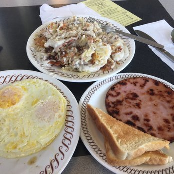 Waffle House - Triple Hashbrown, eggs over medium, a slice of ham, toast and orange juice. - Diners Near Me - La Porte, Texas Waffle House - Triple Hashbrown, eggs over medium, a slice of ham, toast and orange juice. - Diners Near Me - La Porte, Texas